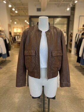 J.Crew Collection Cognac Brown Leather Cropped Jacket Size M Gold Zip